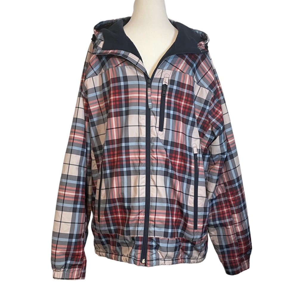 American Eagle XL Red White Blue Plaid Fleece Lined Hooded Windbreaker Jacket